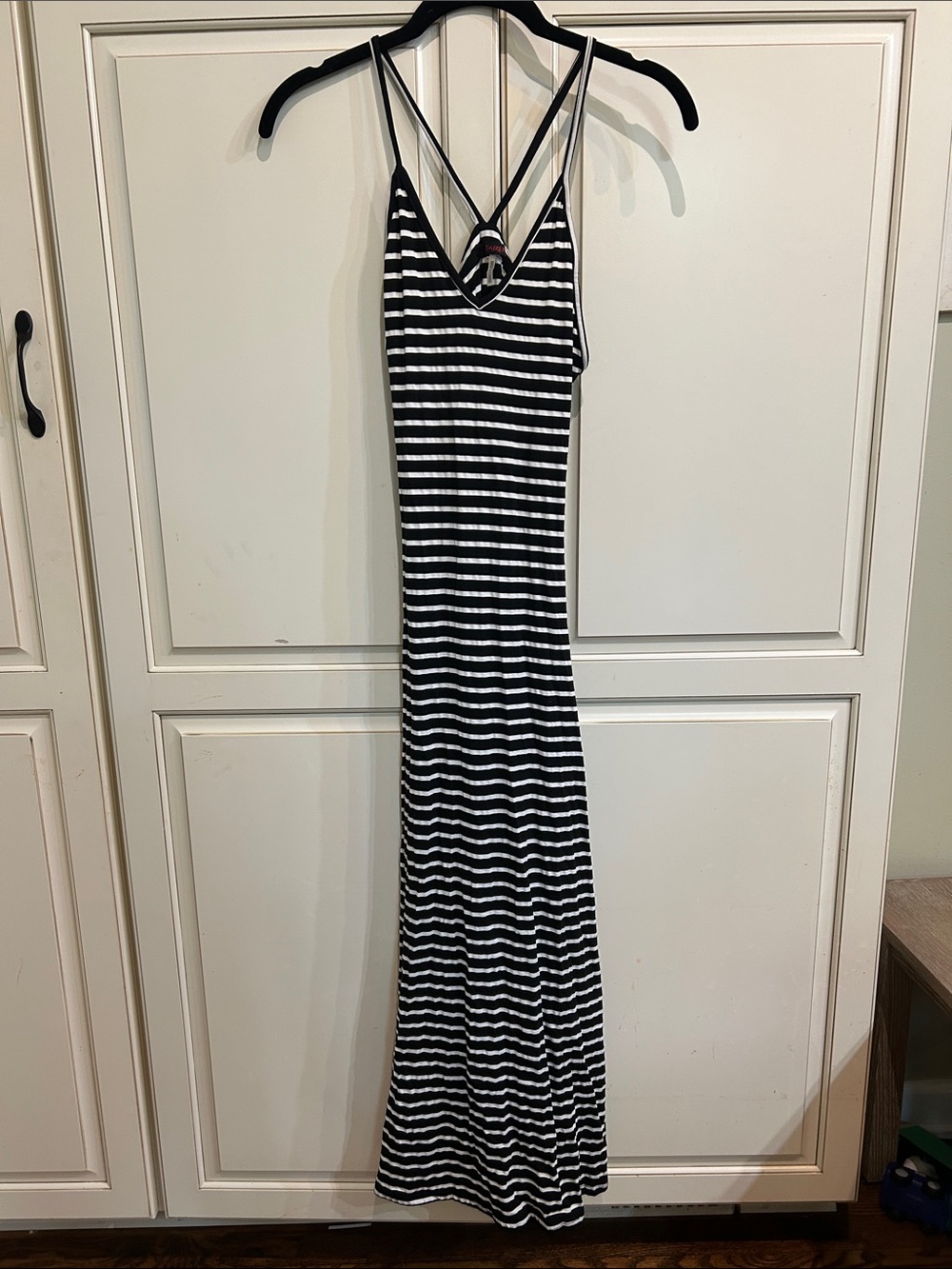 Xtaren Black & White Striped Maxi Dress with Crisscross Spaghetti Straps